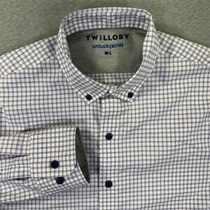 TWILLORY Untuckable Shirt Men's M/L Long Sleeve Flip Cuff Gingham Button Down